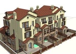 某小区西班牙风格双拼别墅建筑设计SU(草图大师)模型