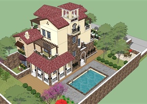 美式风格别墅带院子建筑设计SU(草图大师)模型