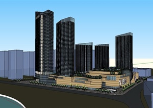 某现代风格住宅小区建筑及商场组合设计SU(草图大师)模型