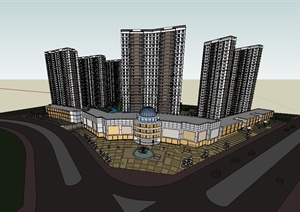 某现代风格高层商业住宅小区楼设计SU(草图大师)模型