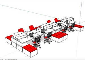 红白拼色多层办公桌组合SU(草图大师)模型