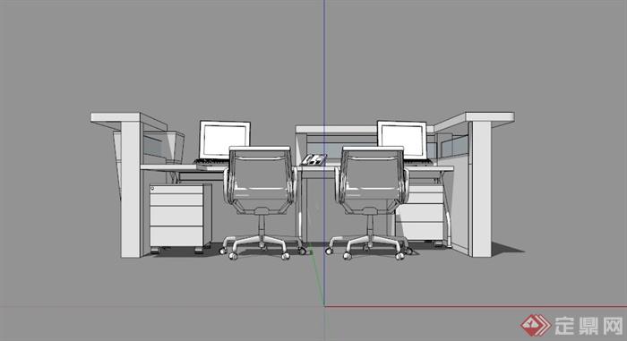 现代简约双人办公桌设计SU模型(3)