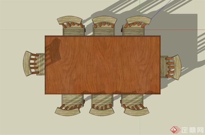 现代木制八人餐桌设计SU模型(2)