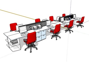 现代联排办公桌椅组合SU(草图大师)模型