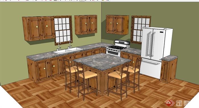 某现代中式餐厅厨房设计su模型(1)