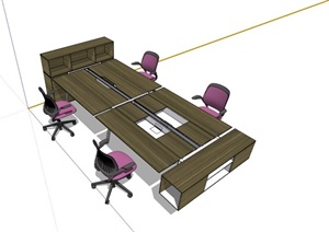 四人简约木材办公桌椅组合SU(草图大师)模型