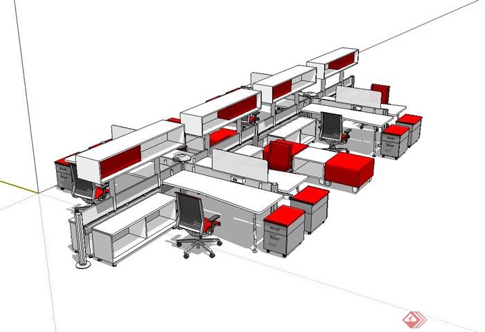 某现代风格办公室内办公桌椅设计su模型(1)