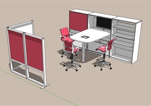 某现代室内办公桌椅、柜子、隔断屏风组合设计SU(草图大师)模型