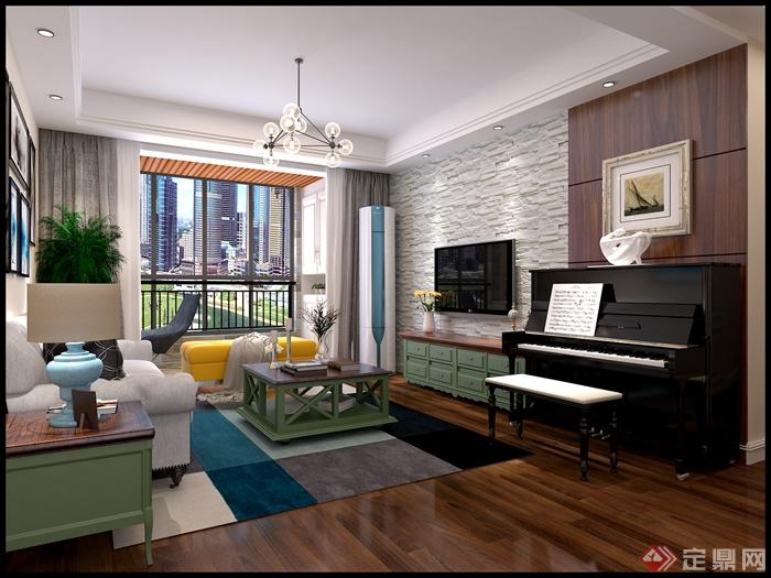 客厅,客厅沙发,桌子,茶几,吊灯,钢琴