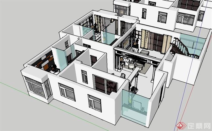 某美式风格两层住宅楼室内装饰设计su模型(4)