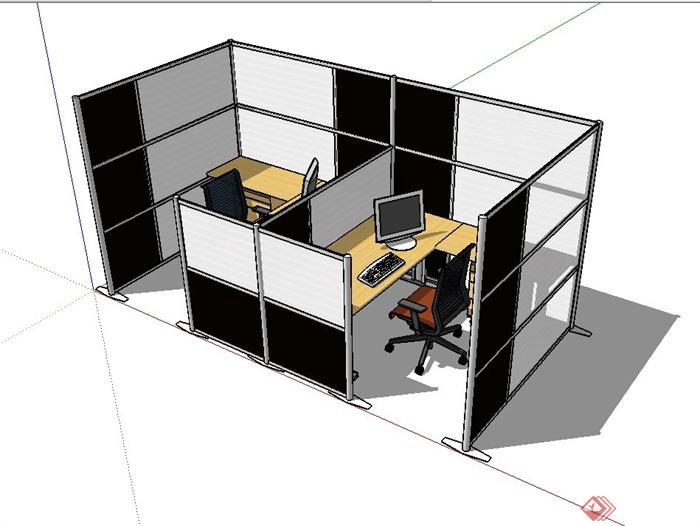 某现代隔断办公室桌椅设计su模型(1)