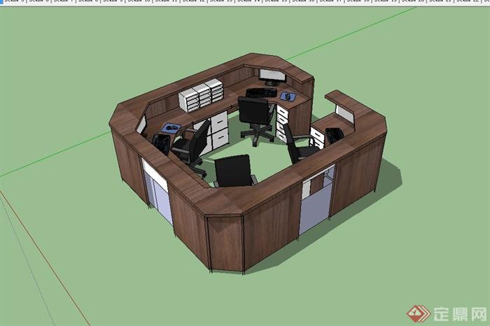 某现代风格室内办公空间桌椅设计su模型(1)