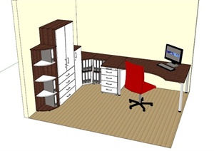 现代木制办公室家具组合SU(草图大师)模型
