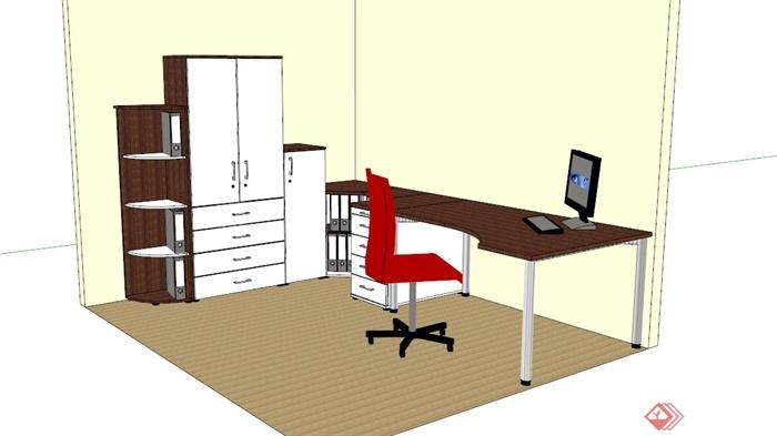 现代木制办公室家具组合SU模型(2)