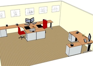 多人办公室家具组合设计SU(草图大师)模型