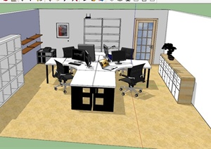 四人办公室家具组合设计SU(草图大师)模型