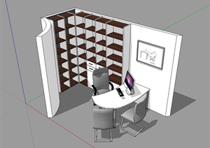 某现代室内办公室桌椅书柜设计SU(草图大师)模型