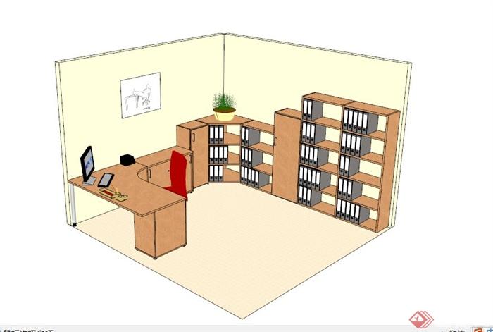 木制办公室家具组合SU模型(1)