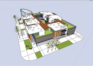 现代风格合院式学校教学楼设计SU(草图大师)模型