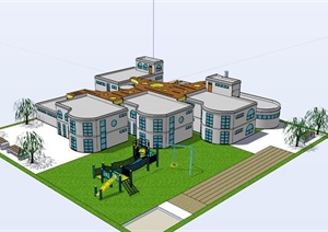 两层灰色石材幼儿园建筑设计SU(草图大师)模型
