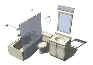 现代风格卫生间浴室、马桶、洗漱柜、洗脸盆SU(草图大师)模型