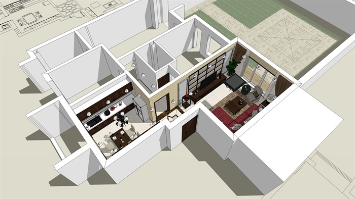 现代风格室内空间家装项目设计CAD施工图 SU模型 高清效果图（含材质贴图）
