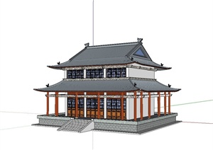 两层古典中式风格文化楼建筑设计SU(草图大师)模型