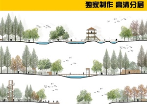 现代风格国外公园滨水景观PSD立面图