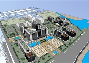 现代风格滨水行政中心建筑设计SU(草图大师)模型