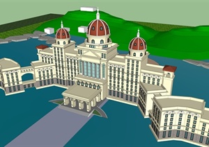 对称欧式酒店建筑设计SU(草图大师)模型素材