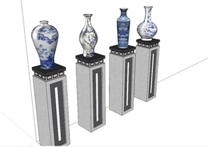 中式青花瓷瓶展台雕塑设计SU(草图大师)模型