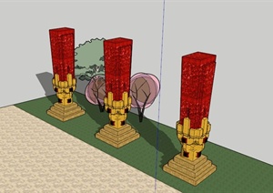 三个中式景观柱雕塑组合设计SU(草图大师)模型