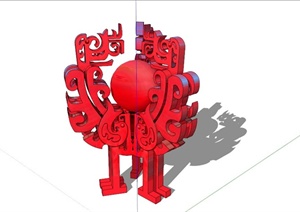 现代中式红色鼎雕塑设计SU(草图大师)模型