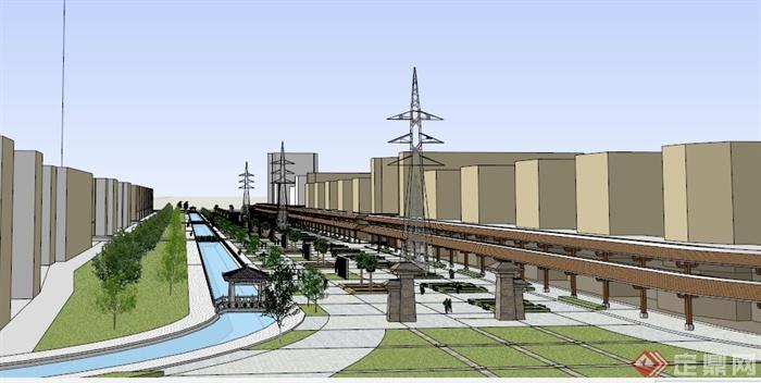 现代中式滨水商业街设计SU模型(3)