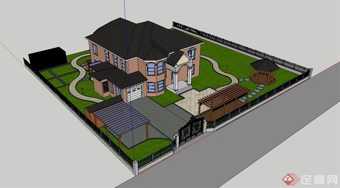美式风格别墅建筑铺装园路廊架亭子设计su模型(2)