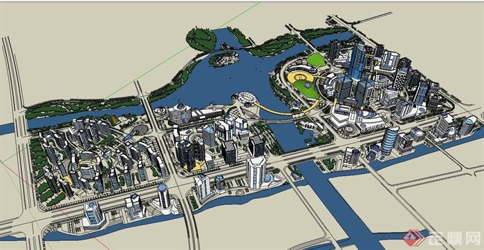 现代风格滨水城市规划含建筑设计su模型(3)