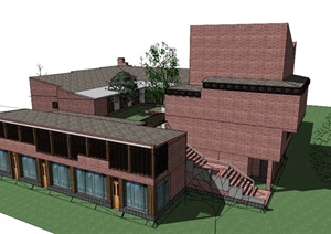 现代红砖两层文化建筑SU(草图大师)模型