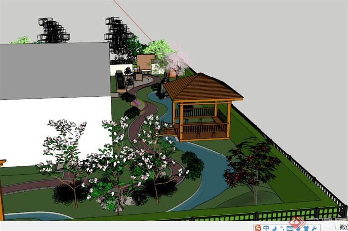 某现代中式别墅庭院设计SU模型素材(3)