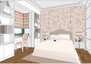 美式次卧室空间设计SU(草图大师)模型
