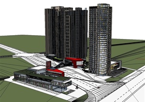 现代风格商业建筑以及住宅建筑楼组合设计SU(草图大师)模型