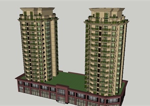 双塔式商住楼建筑设计SU(草图大师)模型