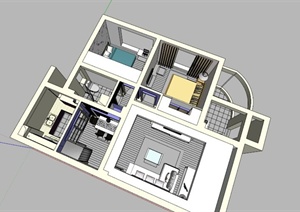 现代小户型两居室室内设计SU(草图大师)模型素材