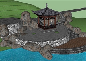 一个临湖观景作古亭SU(草图大师)精细设计模型
