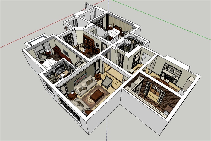 简约中式三室两厅室内设计su模型原创