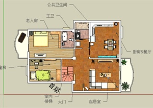 现代复式住宅一层室内设计SU(草图大师)模型