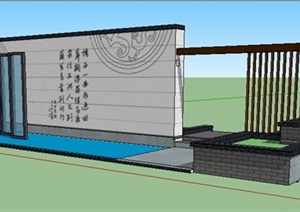 新中式景墙水池组合设计SU(草图大师)精细设计模型