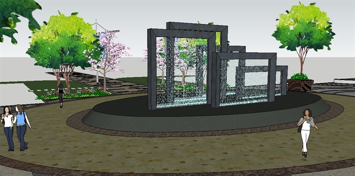 一个现代水幕入口景观小品sketchup精致设计模型(2)