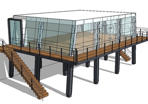 两个水边观景钢构平台建筑精细设计SU(草图大师)模型