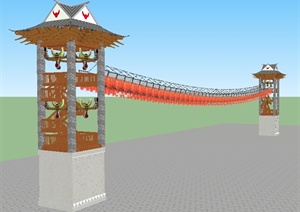 白族图腾悬索塔桥精致设计SU(草图大师)模型