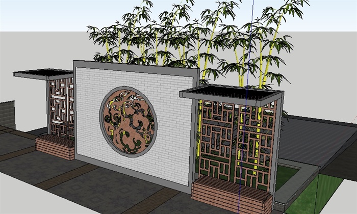新中式镂空景墙SU精细设计模型(1)